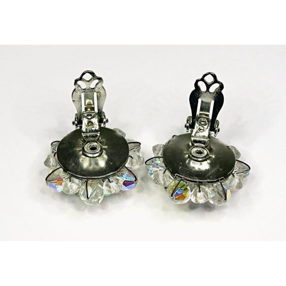 Vintage Aurora Borealis Clip-On Earrings Mid-Century Crystal Cluster 1" - Picture 5 of 5